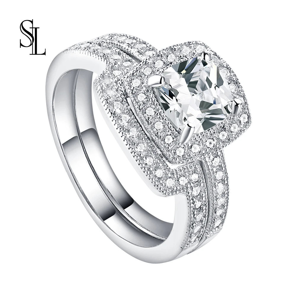 

SL Silver 925 Ring Set Fine Jewelry Halo Engagement Rings Wedding Band Bridal Set For Women Cushion Cut AAA Zircon