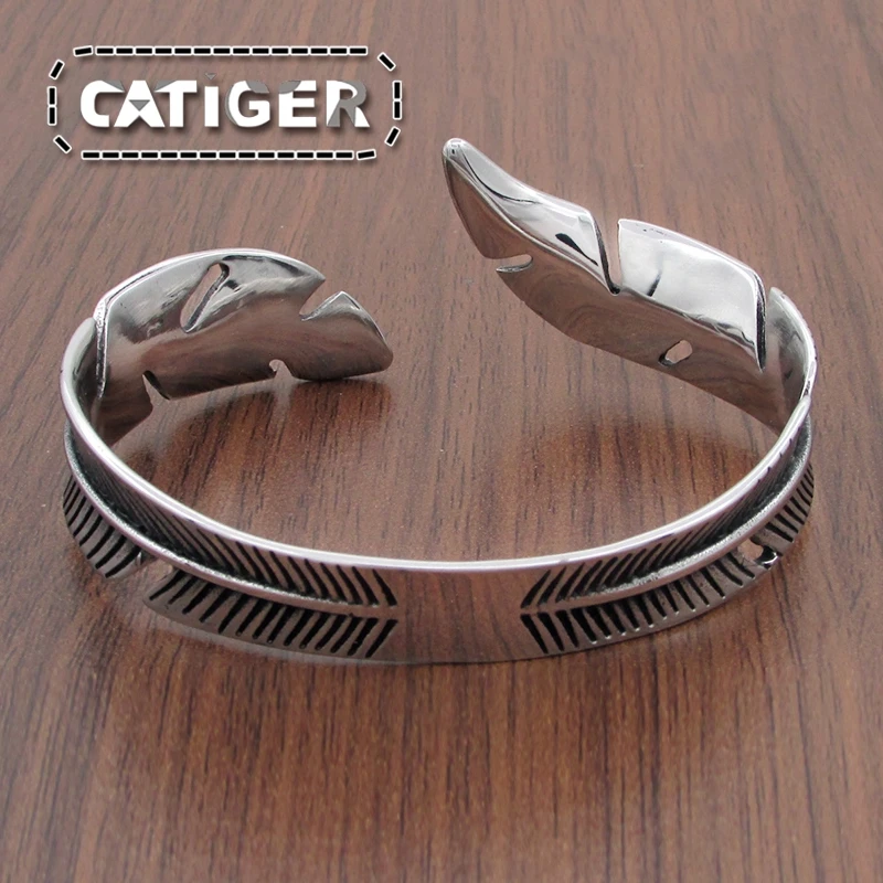 Винтажные 316L нержавеющая сталь перо Форма открытый жесткий браслет для мужчин