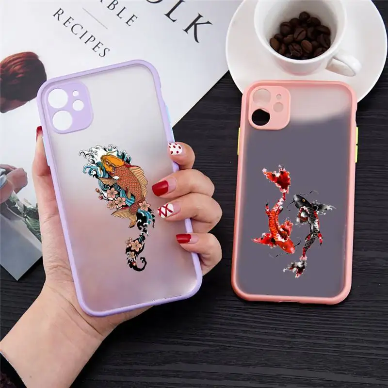 

Koi Animal Fish Phone Case for iPhone 13 12 XS 11 pro max mini se2020 7 8 plus X XR color pink matte transparent coque shell