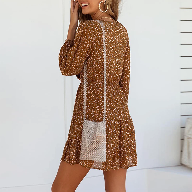 

Women Spring V Neck Flower Print Dress 2021 Casual Long Sleeve Mini Print Dress Female Bohemian A Line Holiday Beach Vestidos