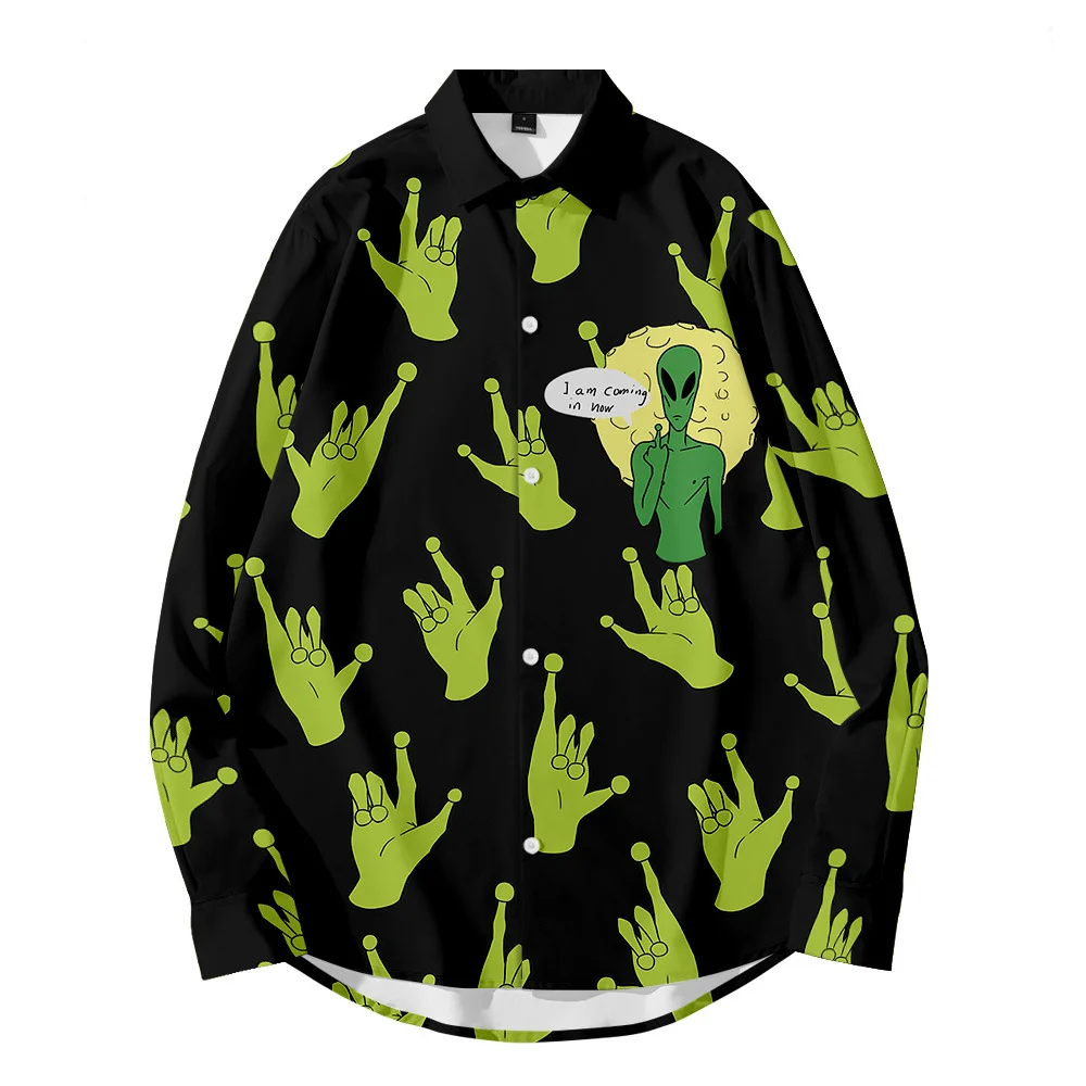 

2021 Autumn Shirt Men Fashion Funny Alien Finger Printed Casual Man Streetwear Shirt Loose 6XL Hip Hop Long-sleeved Shirts Men