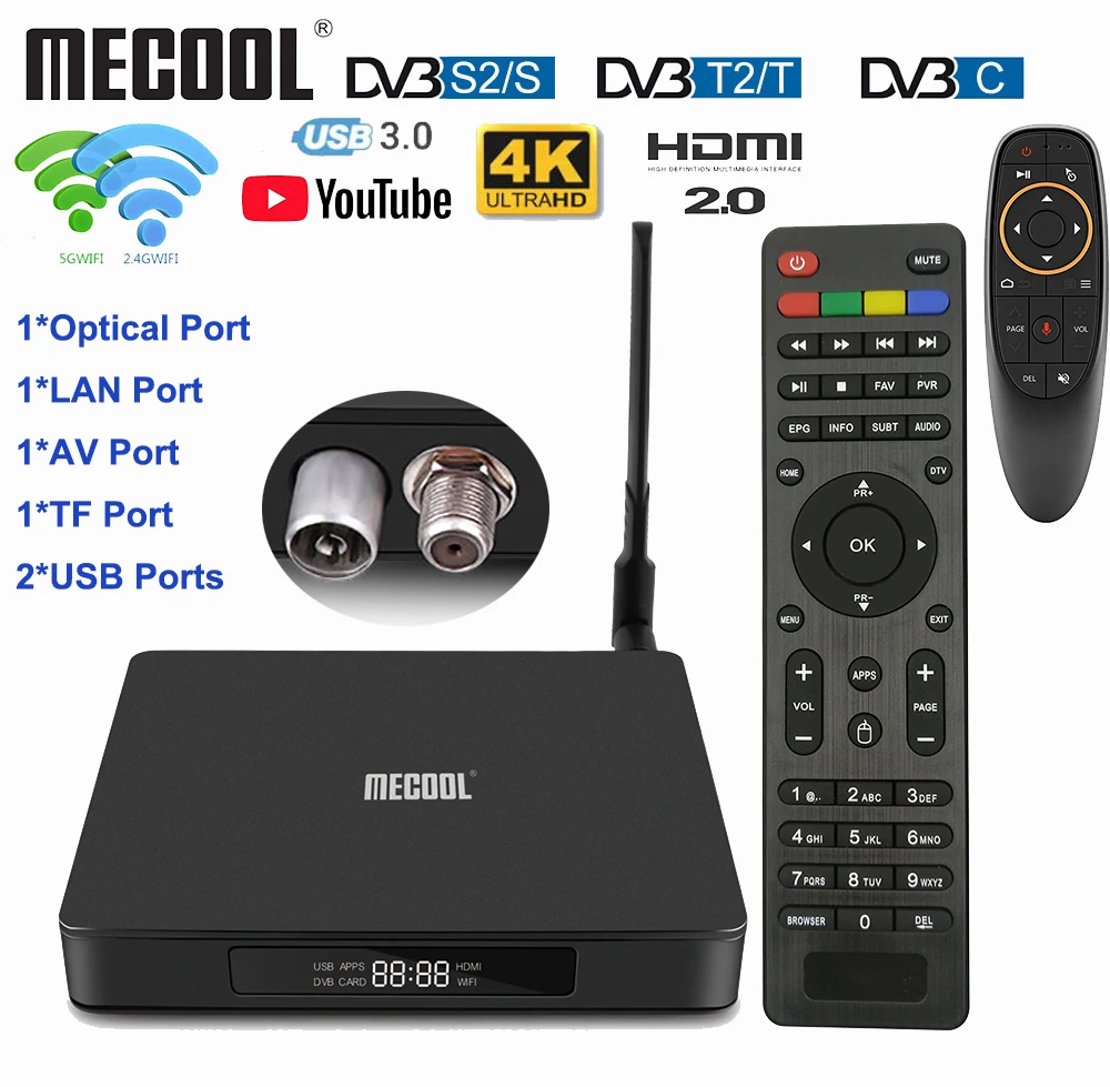 Mecool K6 ТВ коробка DVB-T2 DVB-S2 DVB-C 3D 4K 2,4G/5G, Wi-Fi, H.265 USB3.0 Декодер каналов кабельного телевидения с HiSilicon HI3798 Чипсет оптический Порты и разъёмы