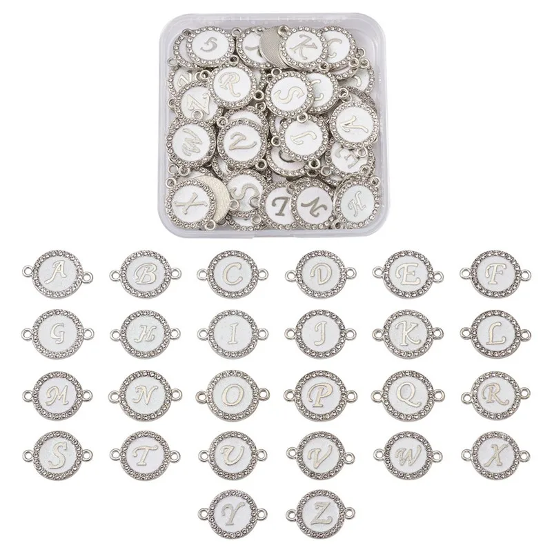 

52pcs/box Alloy Enamel Links Connectors with Crystal Rhinestones Flat Round with Letter Alphabet for Jewelry Making 22x16x2mm