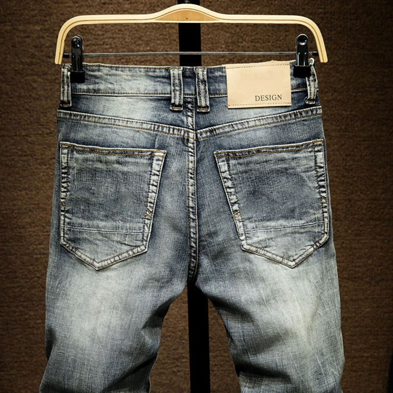 Джинсы мужские облегающие светло-голубые брюки из денима стрейч повседневная