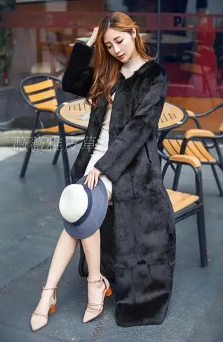 black round collar Очень длинное плотное теплое зимнее пальто До Колена Для Женщин, ветровка из натурального кроличьего меха, парка, длинная до щиколотки, Модная тонкая - Цвет: black round collar