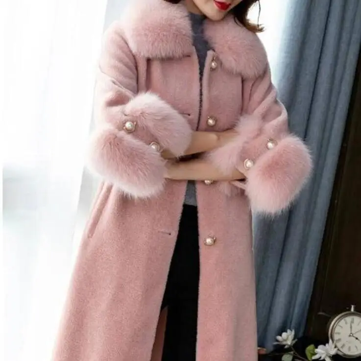 pink color Элегантное модное длинное шерстяное пальто со съемным меховым воротником, шерстяное пальто и куртка, однотонные женские пальто на осень и зиму - Цвет: pink color