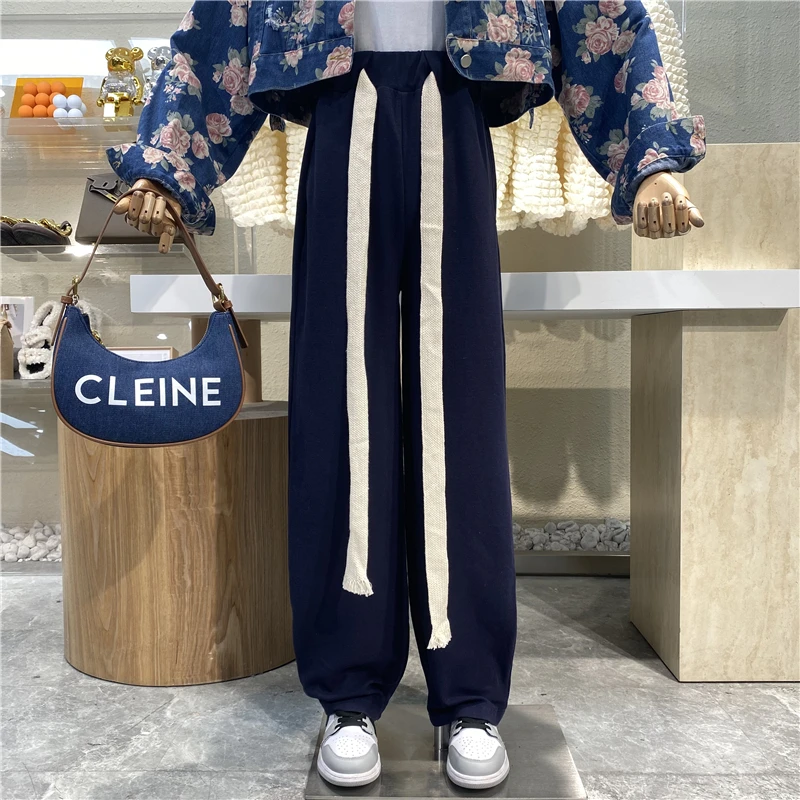 

New 2021 High Street Loose Straight Tube Hanging Black Casual Pants Versatile Loose Drawstring Waist Wide Leg Pants