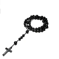 natural black onyx beads catholic christ rosary necklaces hematite cross pendant men necklace meditation mala jewelry
