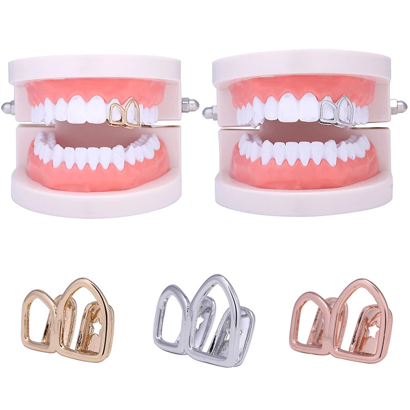 Hip Hop Gold Teeth Grillz Hollow Open Double Silver Color Tooth Caps Canine Fake Grills for Teeth Rapper Cosplay Party Jewelry