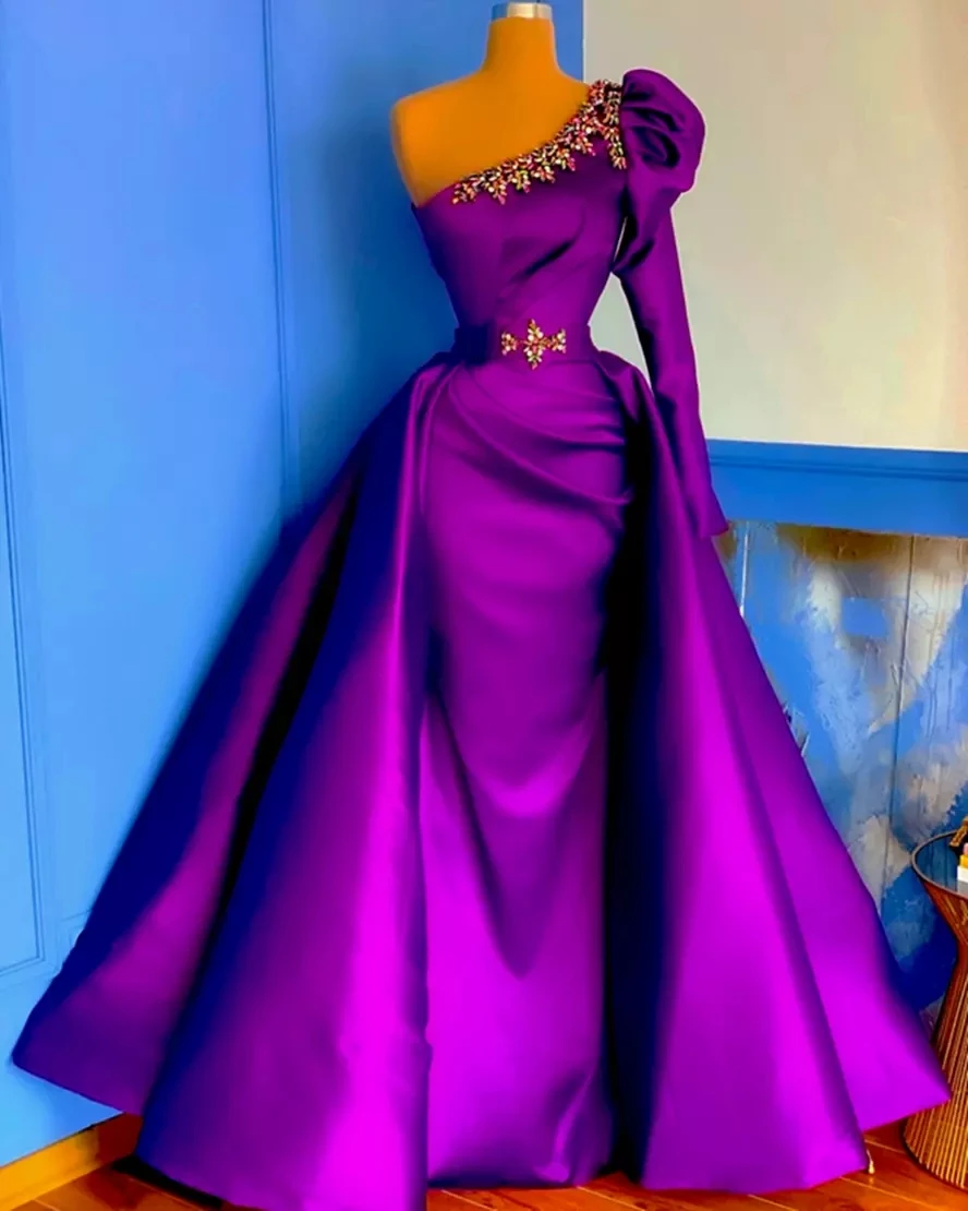 

Purple A-line One-shoulder Sweep/Brush Beading Floor length Draped Evening Dresses high quality Fashion Exquisite