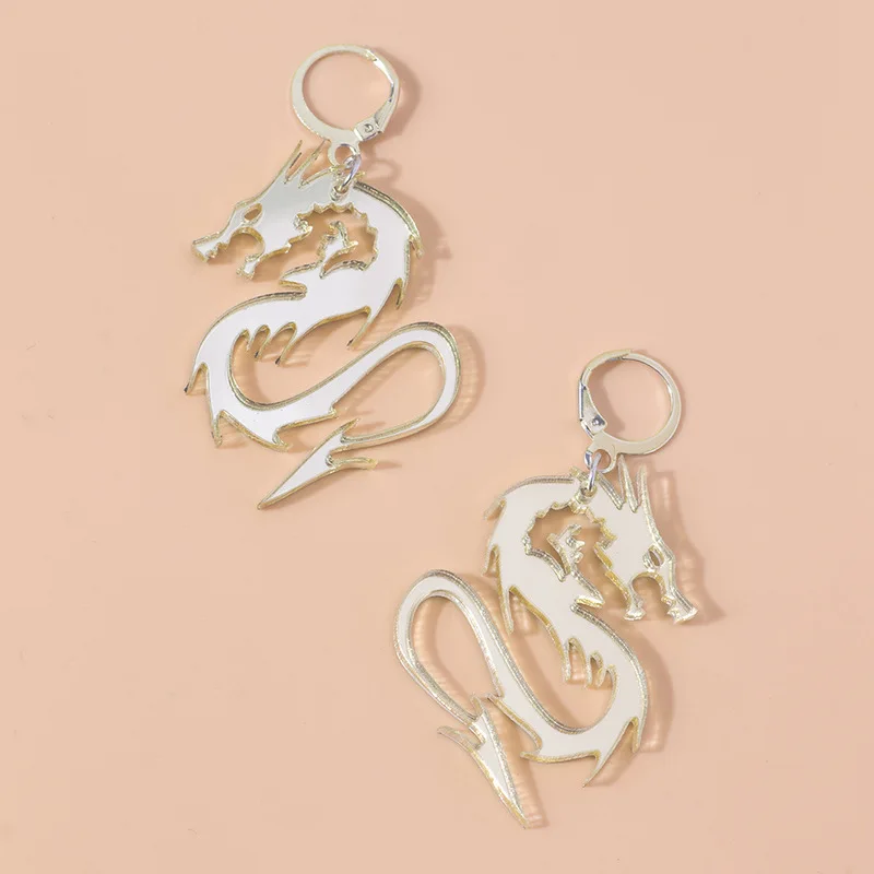 

Chinese Style Metal Arcylic Dragon Earrings Punk Cool Gold Silver Color Mirror Surface Animal Drop Earrings for Women Jewelry