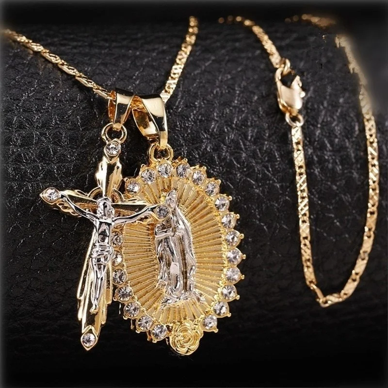 

New Luxury Jesus Cross Necklace + Virgin Mary Necklace Pendant Fashion Men's Religious Belief Zircon Gold Color Necklace Jewelry