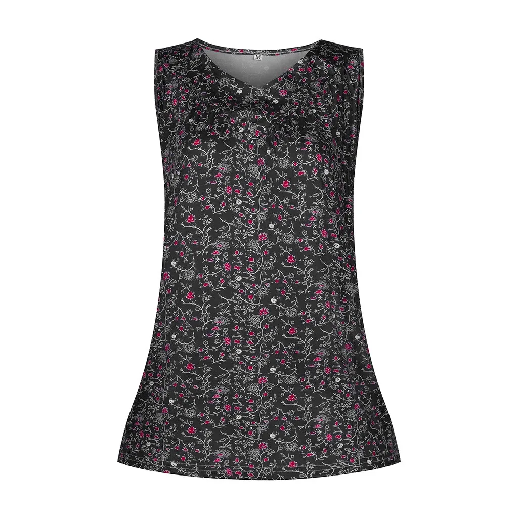 

Fashion Women V Collar Printed Broken Flowers Sleeveless Leisure Time Shirt