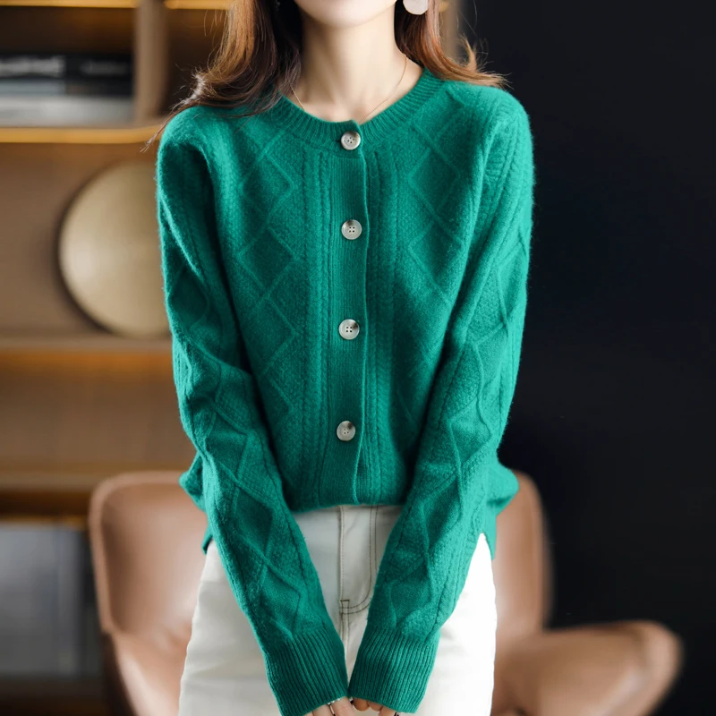 2023 Autumn And Winter Cashmere Cardigan Women's New Sweater Round Neck Retro Single-Breasted Diamond Twisted Knitted Jacket y2a