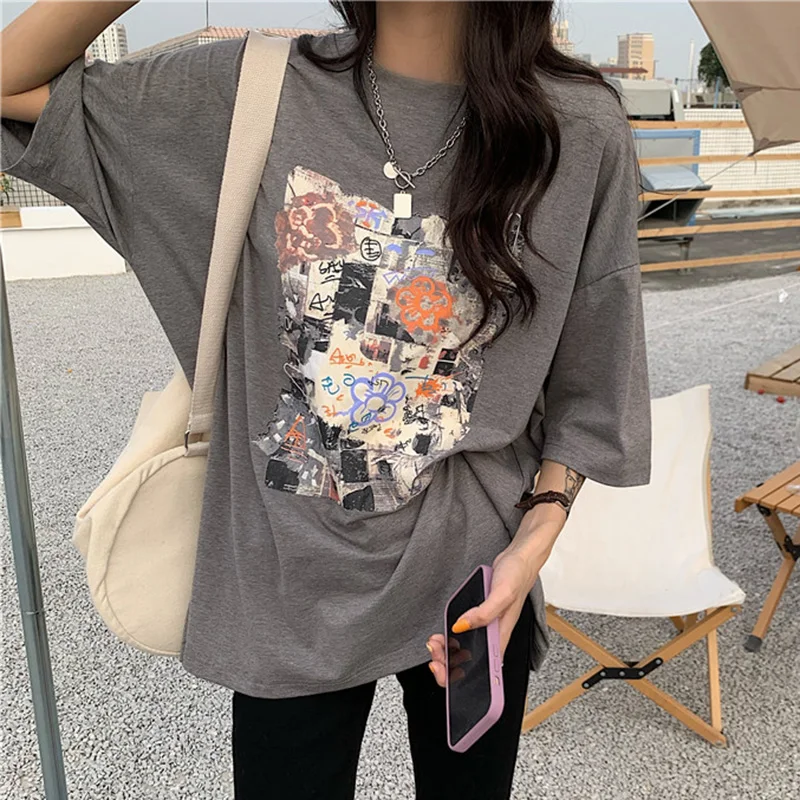 Женские винтажные футболки с принтом повседневные Свободные корейские рубашки в