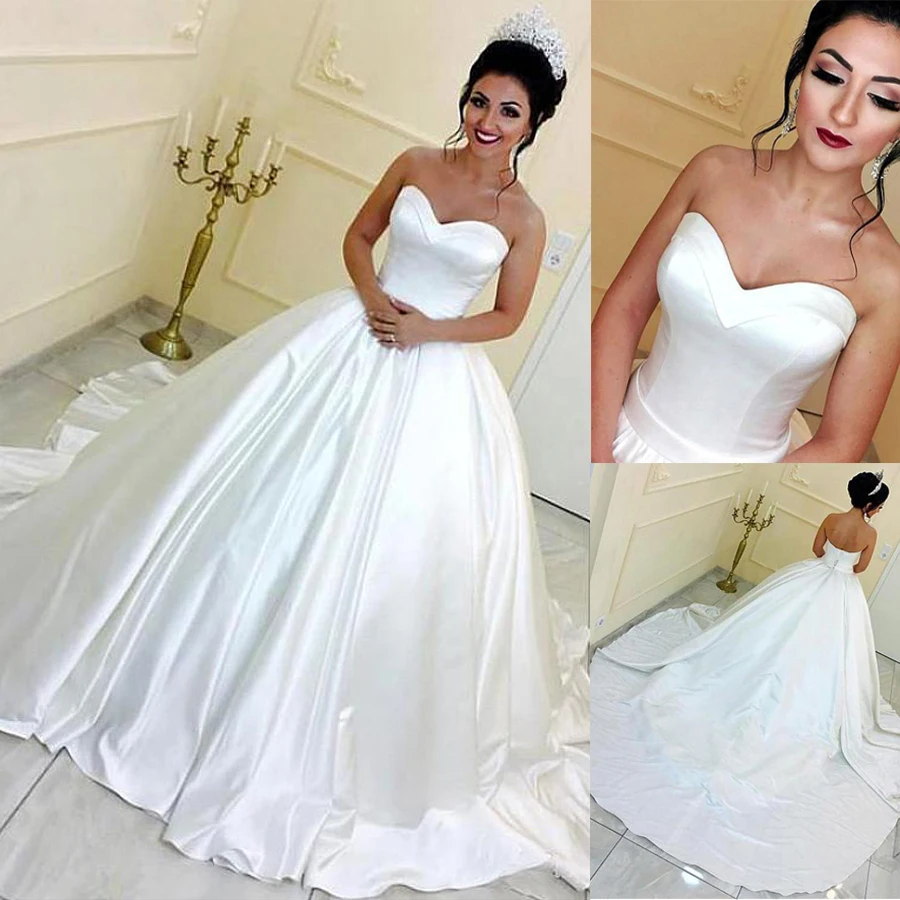 

Exquisite Sweetheart Neckline Ball Gown Wedding Dresses With Belt Simple Satin Design Bridal Gowns vestido de noiva praia