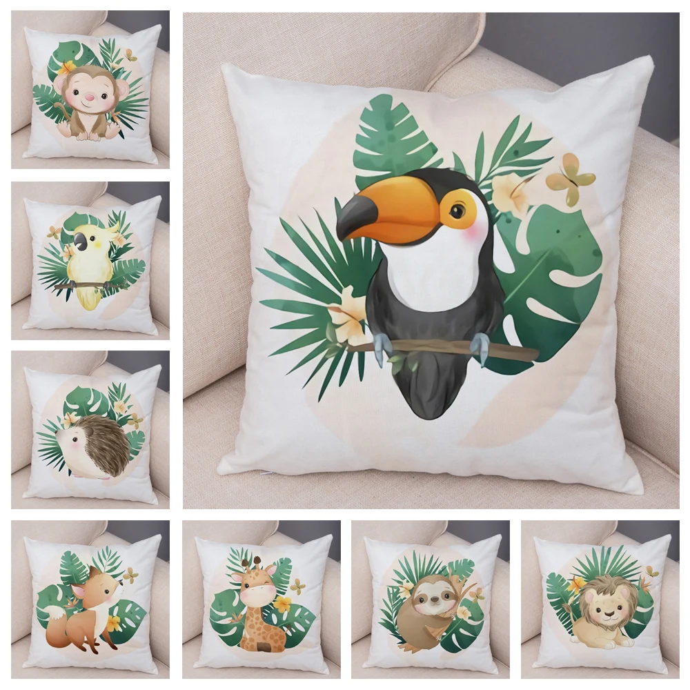 

Tropical Leaf Fox Lion Pillow Case Decor Nordic Cute Cartoon Animal Monkey Plush Cushion Cover for Sofa Child Room Pillowcase