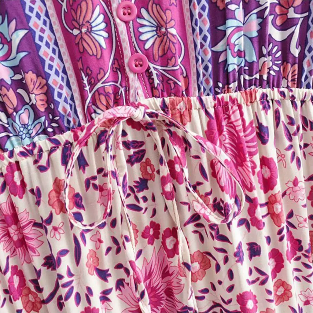 Женское длинное платье с цветочным принтом коротким рукавом V-образным вырезом и