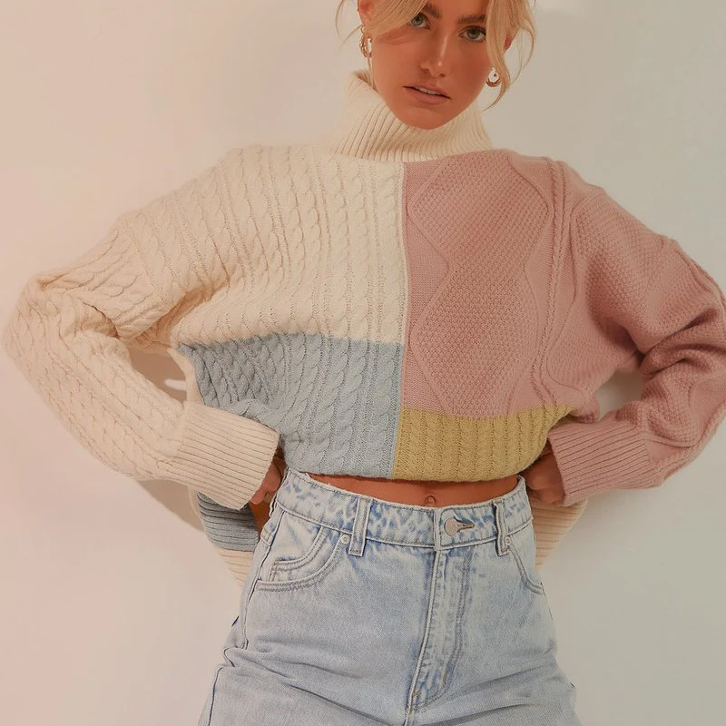 

Women Knit Turtleneck Sweater Adults Color Block Geometric Pattern Long Sleeve Pullover