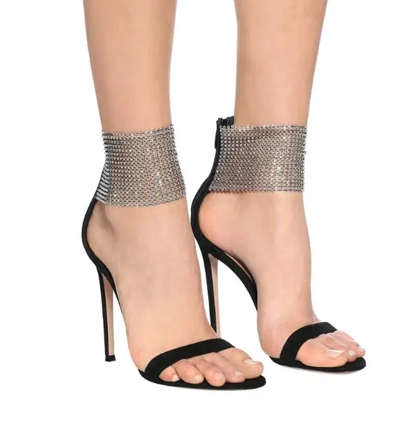 

Drop Shipping Black Suede One Line Sliver Circle Rhinestone Crystal Zipper Back Sandals Woman 10/8 CM Thin Heels Party Shoes