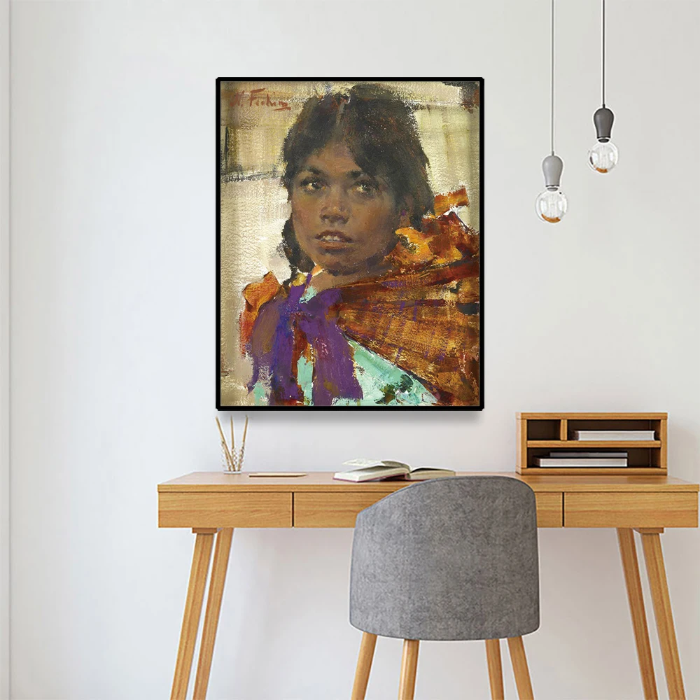 Картина маслом на холсте Cassisy Nicolai Fechin "Девушка с темной кожей" художественный постер для декора дома, гостиной, офиса.