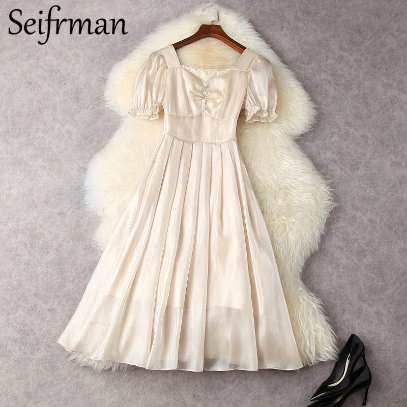 

Женское широкое плиссированное платье Seifrmann, однотонное платье с принтом, с высокой талией, рукавом-фонариком, лето 2021