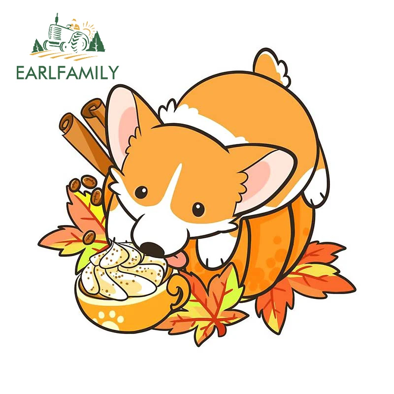 

EARLFAMILY 13cm x 12.3cm Pumpkin Spice Corgi Car Sticker Vinyl Window Bumper Decals Car Decorative Cartoon Pet Dog Stickers