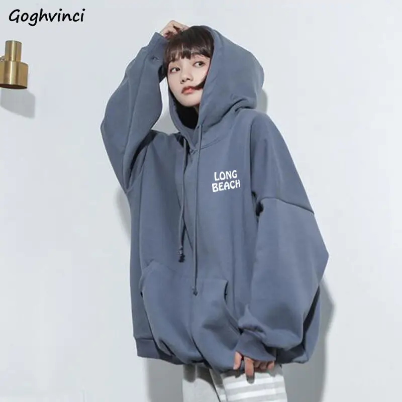 

Hoodies Women Winter Simple Aesthetic Thicker Warm Fashion Students All-match 3 Colors Casual Comfortable Loose Female Pockets