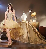 2021 gold applique ball gown prom dresses detachable train sweetheart quinceanera gowns sweet 16 birthday celebrity party