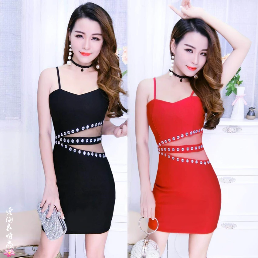 

Sexy Nightclub Women's Suspender Dress Summer New V-neck Low-Cut See-through Midriff Outfit Mesh Anchor Hip Skirt