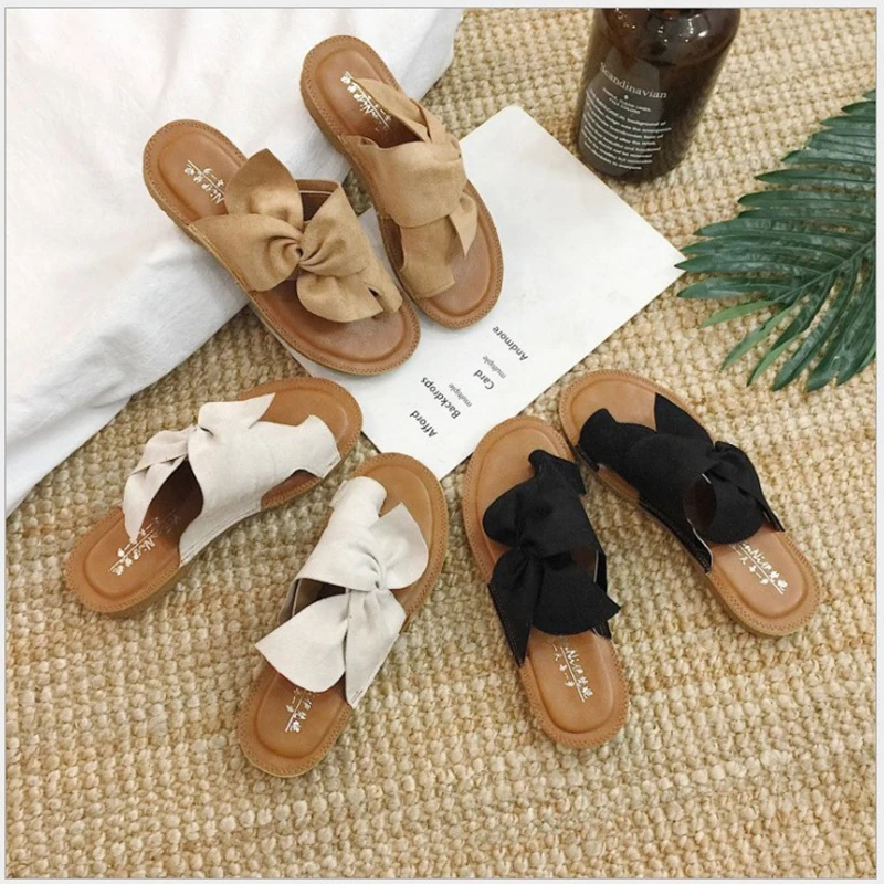 

2020 Women Sandals Shoes Summer Flat Sandals Bow-Knot Comfort Retro Anti-Slip Beach Shoes Platform Slide Women's Slippers NVLX54