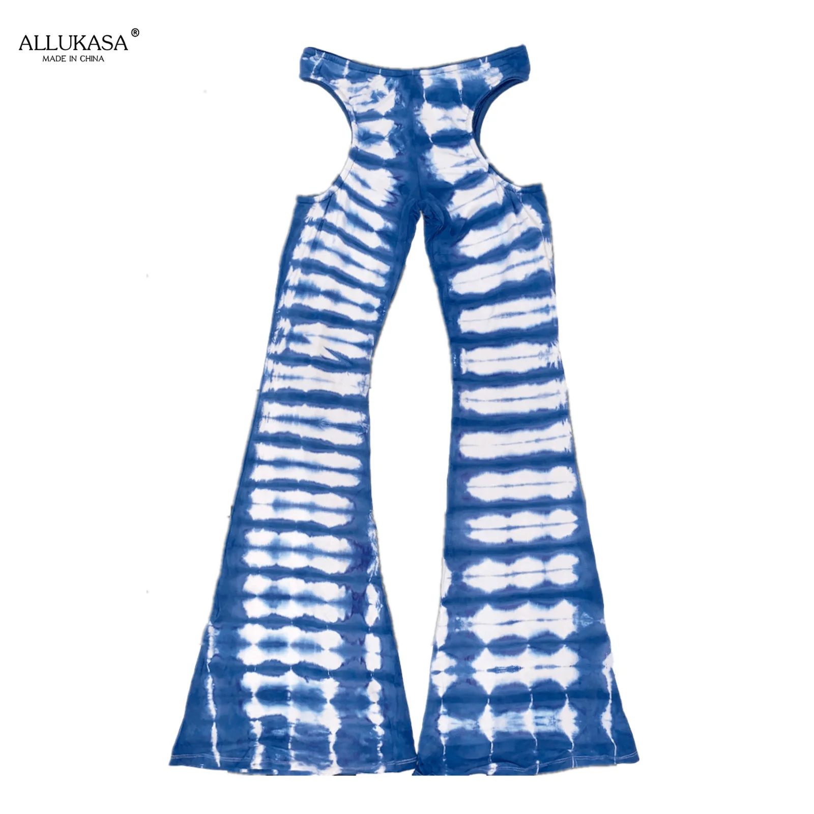 

Allukasa Tie-dye Flared Pants T-shirt New Style European and American Sexy Ink Printing Hole Short-sleeved Trousers Suit Female