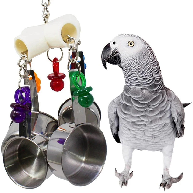 

2021 Parrot Toy Stainless Steel 4 Basin String Chew Toy Hanging Pet Products Acrylic Cage Pendant Decorative Pet Accessories
