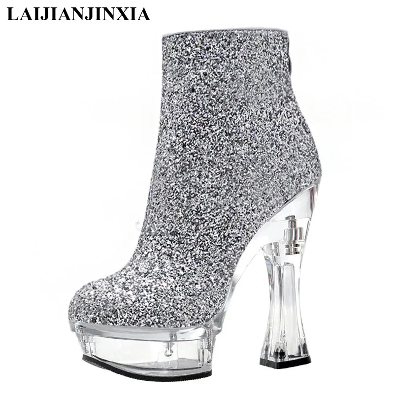 

LAIJIANJINXIA New Sequins Women Boots Fashion Ankle Boots Waterproof Platform Party Model 14cm High Heels Pole Dancing Shoes