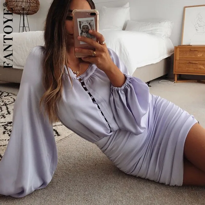 Женское атласное платье с рюшами FANTOYE винтажное облегающее мини на пуговицах