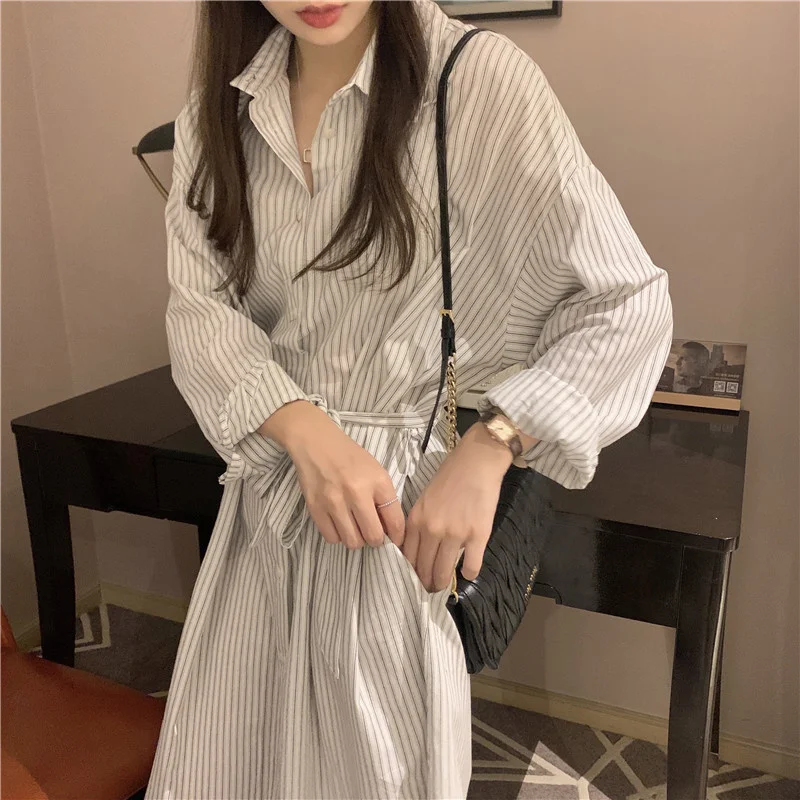 

CMAZ Dress For WomenReal Shot Cost-Effective Korean Chic Loose Lace-up Stripes