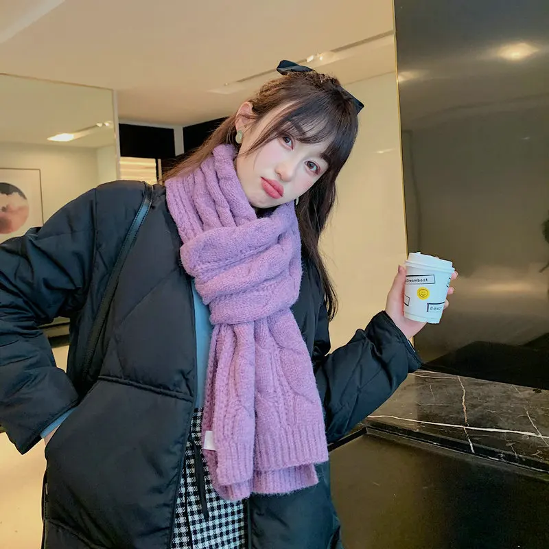 

Japanese Ins Large Twist Solid Color Knitted Student Couple Scarf Korea Winter Joker Thick Warm Plain Color Scarf Women Winter