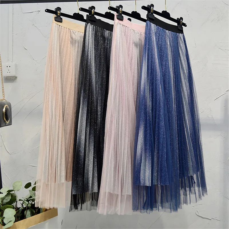 Длинная Плиссированная юбка градиентная сетчатая с металлическим блеском