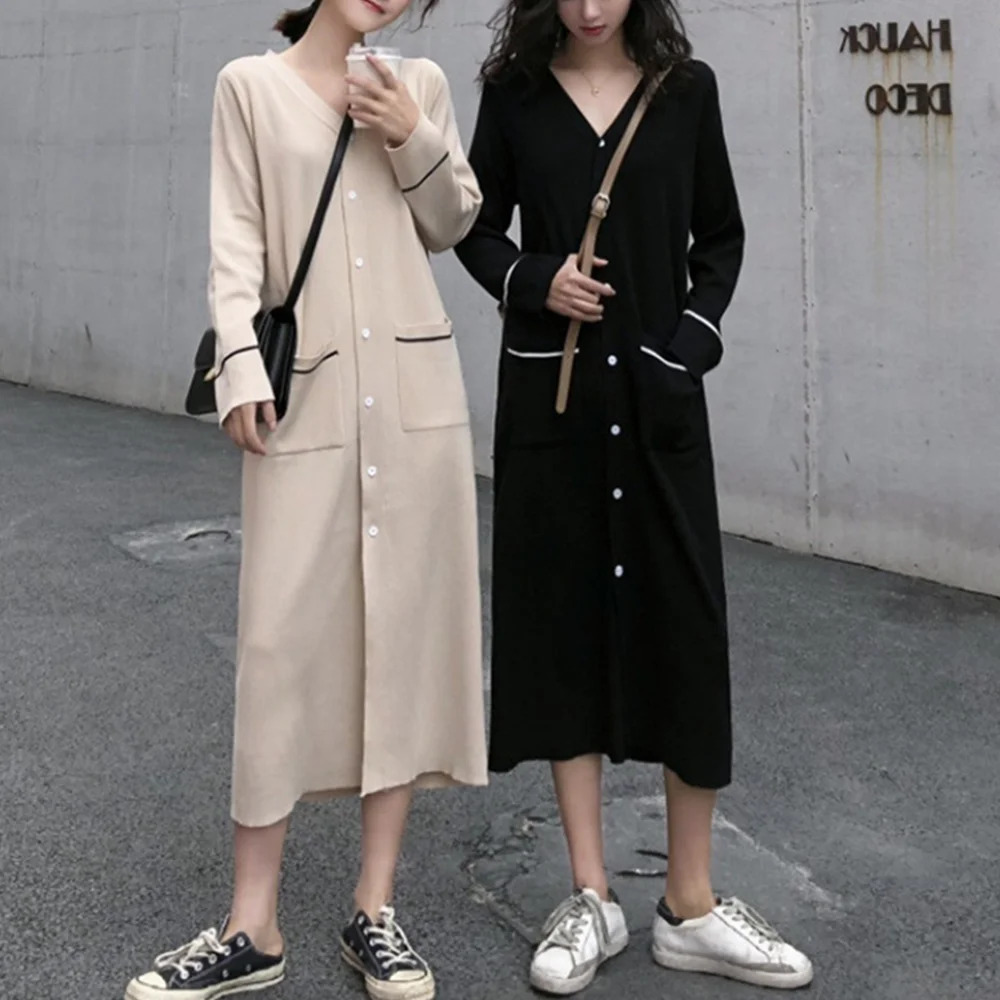 Вязаное платье для женщин с длинным рукавом Кардиган на пуговицах платья осень