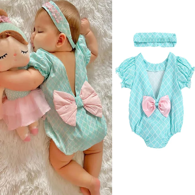 

0-24 Months Infants Baby Girls 2Pcs Clothes Set Blue O-Neck Short Sleeve Backless Romper + Headdress Set Toddlers Cotton Outfits