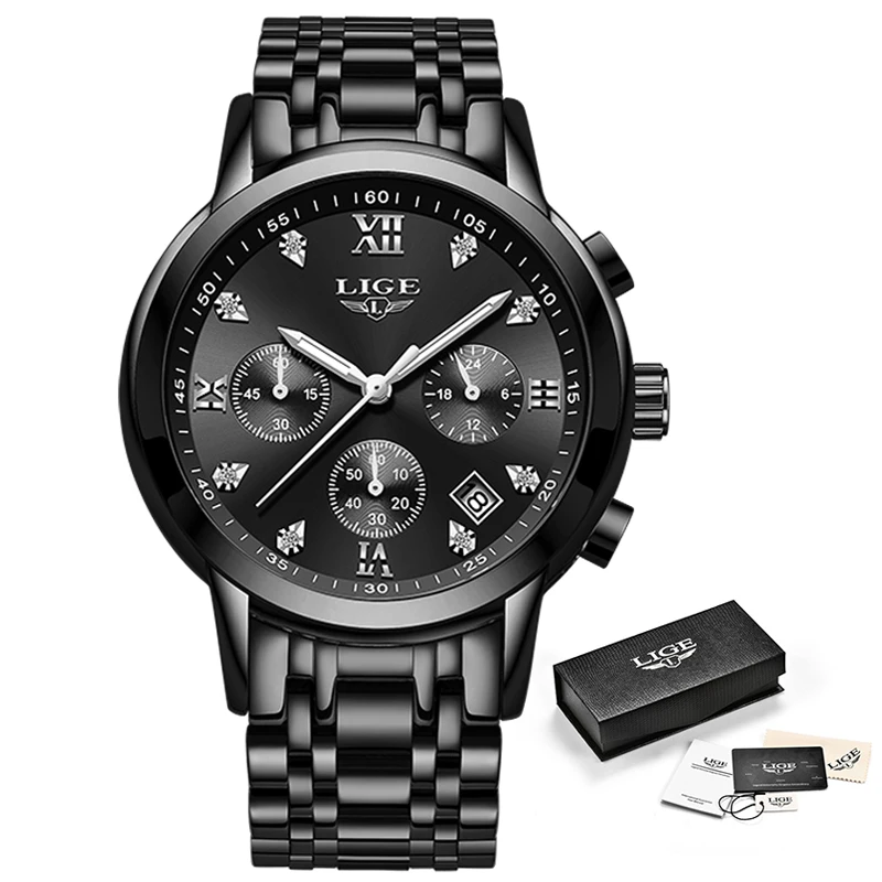 LIGE Mens Watches Top Brand Luxury Fashion Business Quartz Watch Men Sport All Steel Waterproof Black Clock erkek kol saati+Box | Наручные