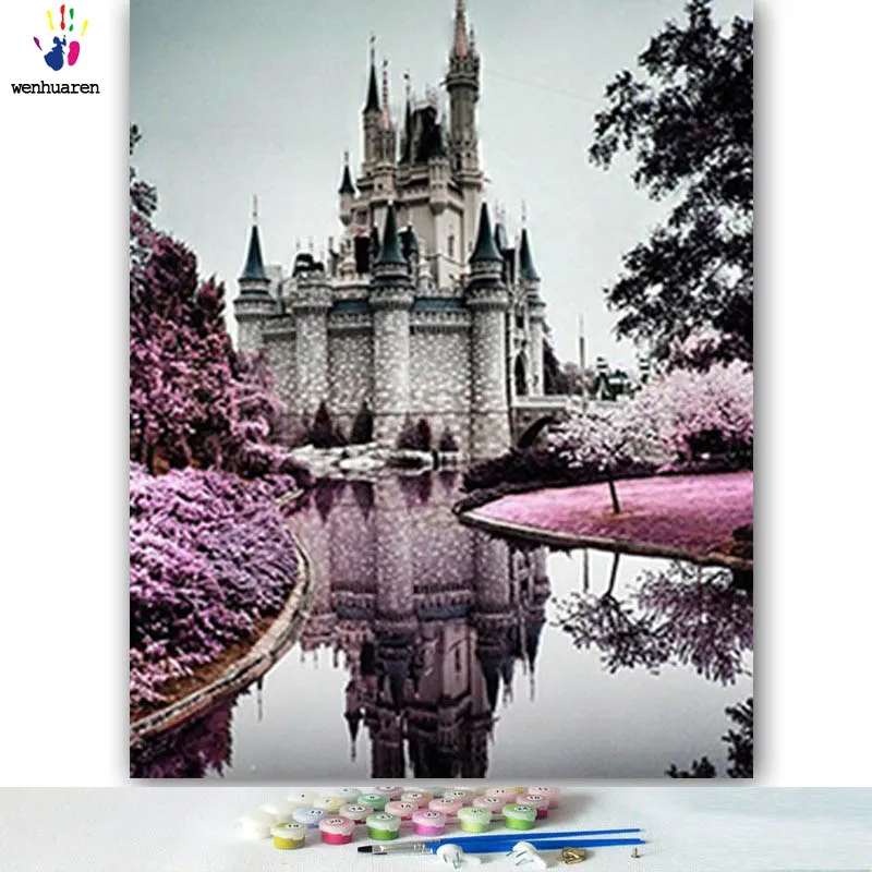 DIY colorings pictures by numbers with colorsRiverside castle picture drawing painting framed Home | Дом и сад