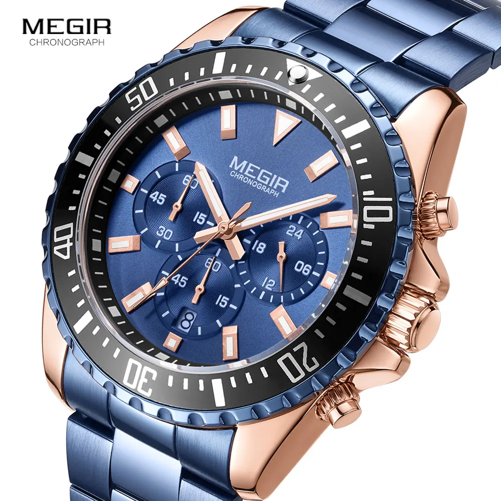 MEGIR синие часы для мужчин Роскошный хронограф из нержавеющей стали Кварцевые