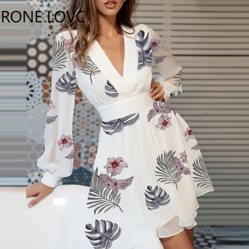 

Women Chic Graphic Deep V neck Lantern Sleeve Mini Sexy Dresses