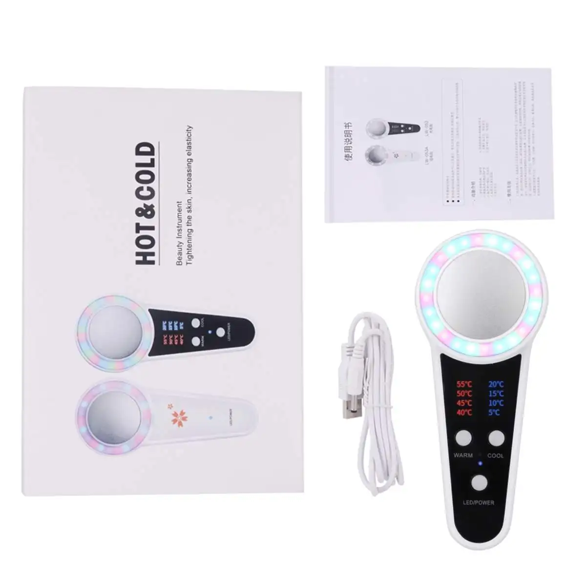

1800mAH Ultrasonic Cold & Hot Iontophoresis LED Color Facial Cell Rejuvenation Beauty Instrument Face Lifting Spots Removal