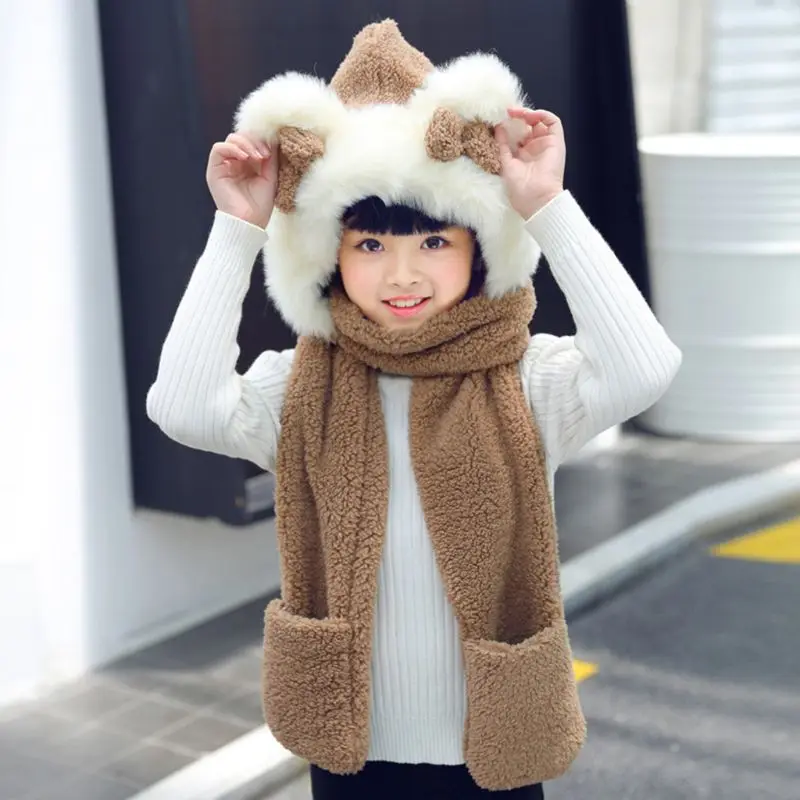 Теплая плюшевая зимняя шапка для детей 3 в 1 милый шарф с бантиком и медведем