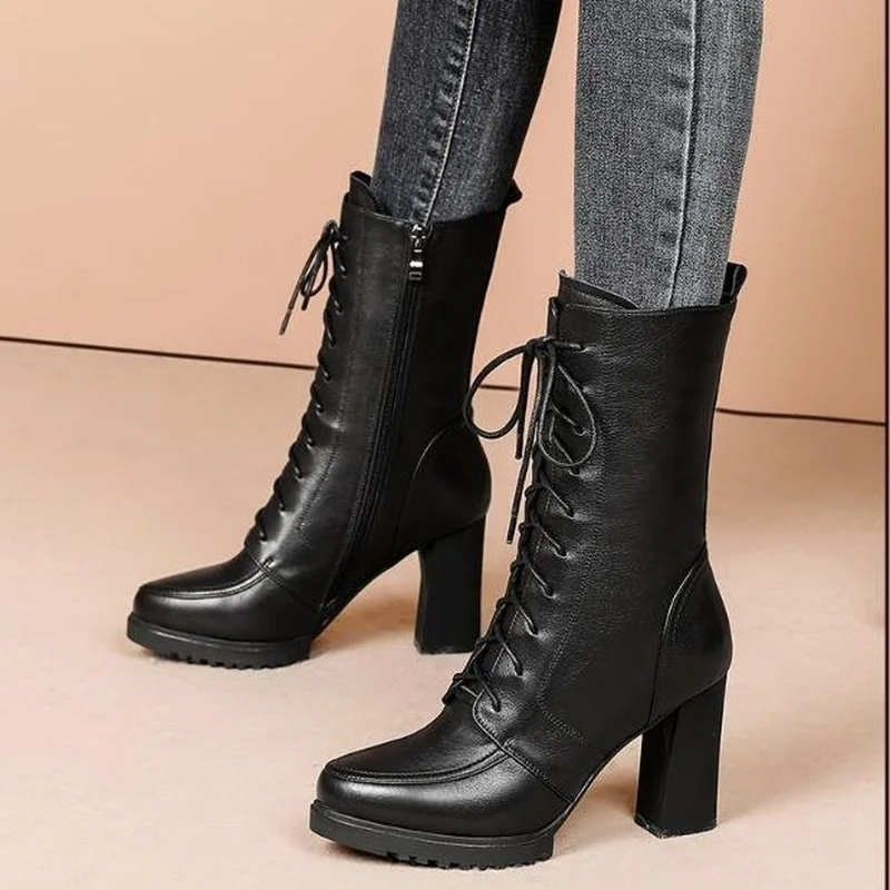 

2021 Women's High Heel Fashion Boots Side Zipper Pointed Toe Lace-up Martin Boots Square Heel Fashion Women Shoes Boots