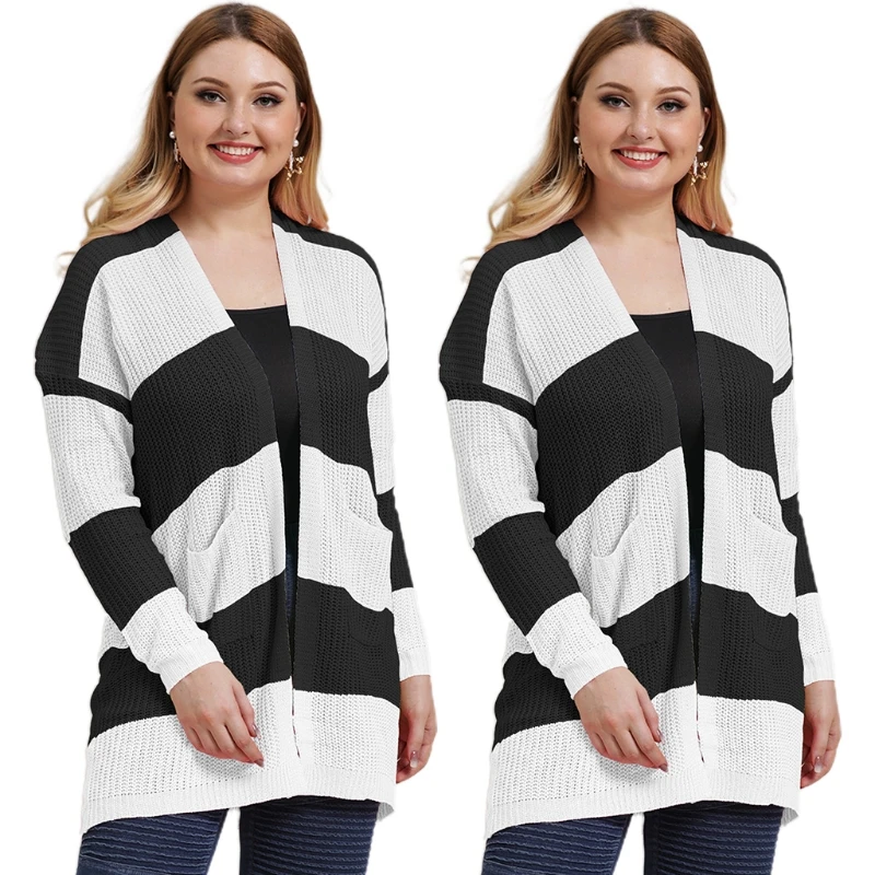 

Women Open Front Cardigan Colorblock Striped Knitted Loose Sweater Coat XL-3XL