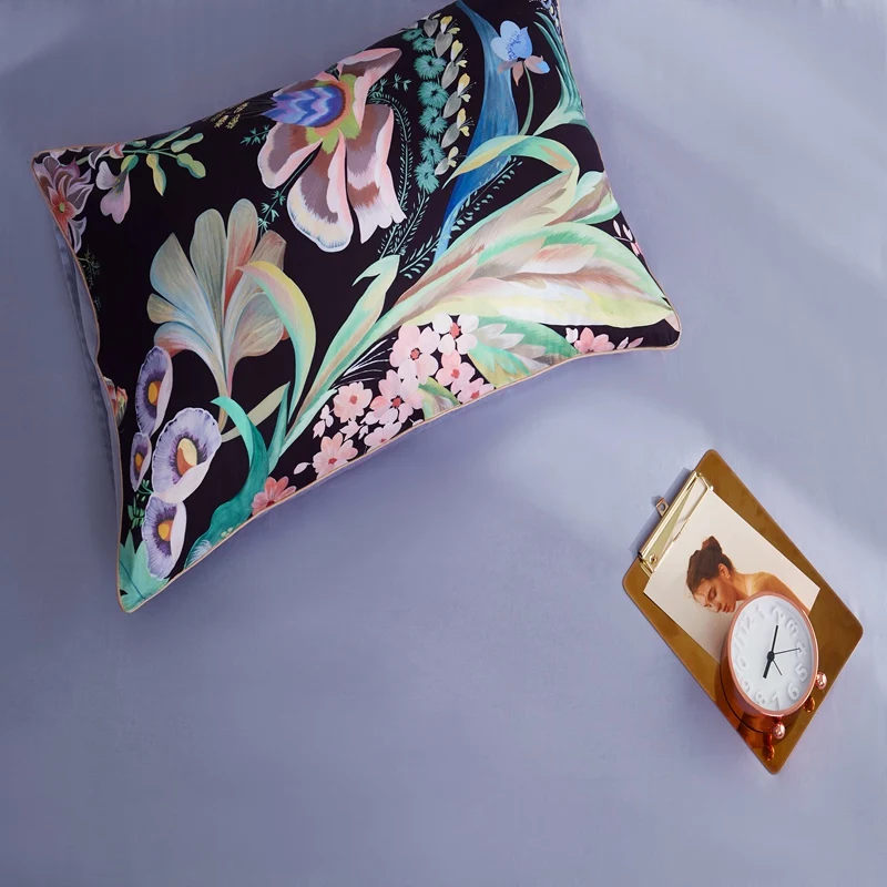 Black floral bedding set Egyptian cotton fabric pillowcases flower print pastoral bed linen duvet cover queen king size | Дом и сад
