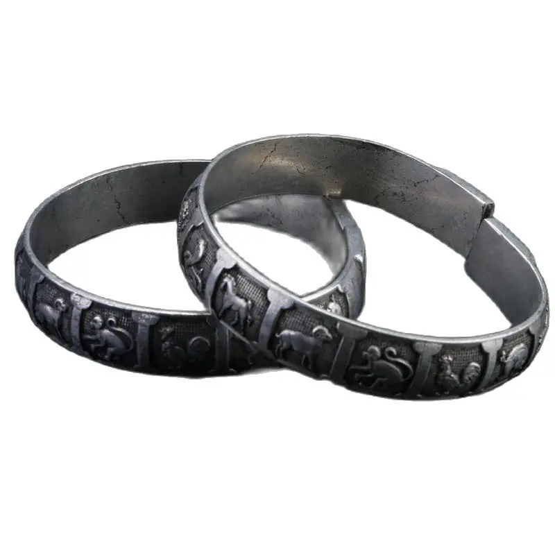 

Old Handwork MiaoSilver Carve China 12 Lunar New Year Adjust Pair Bracelet